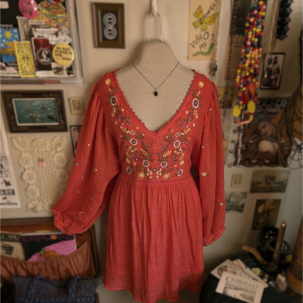 Floral Embroidered Babydoll Mini Dress Women's XL Coral